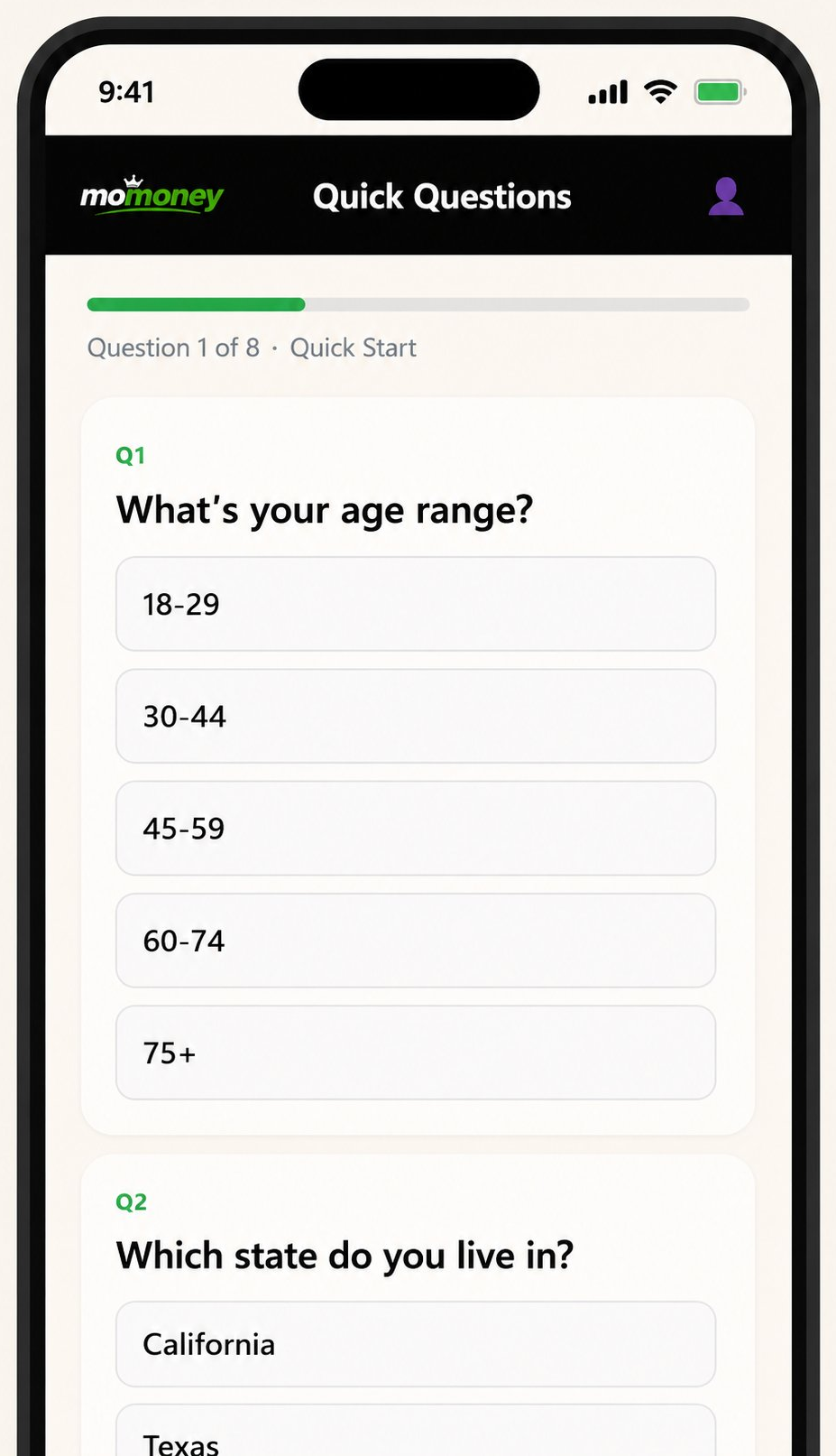 Answer a few questions screen