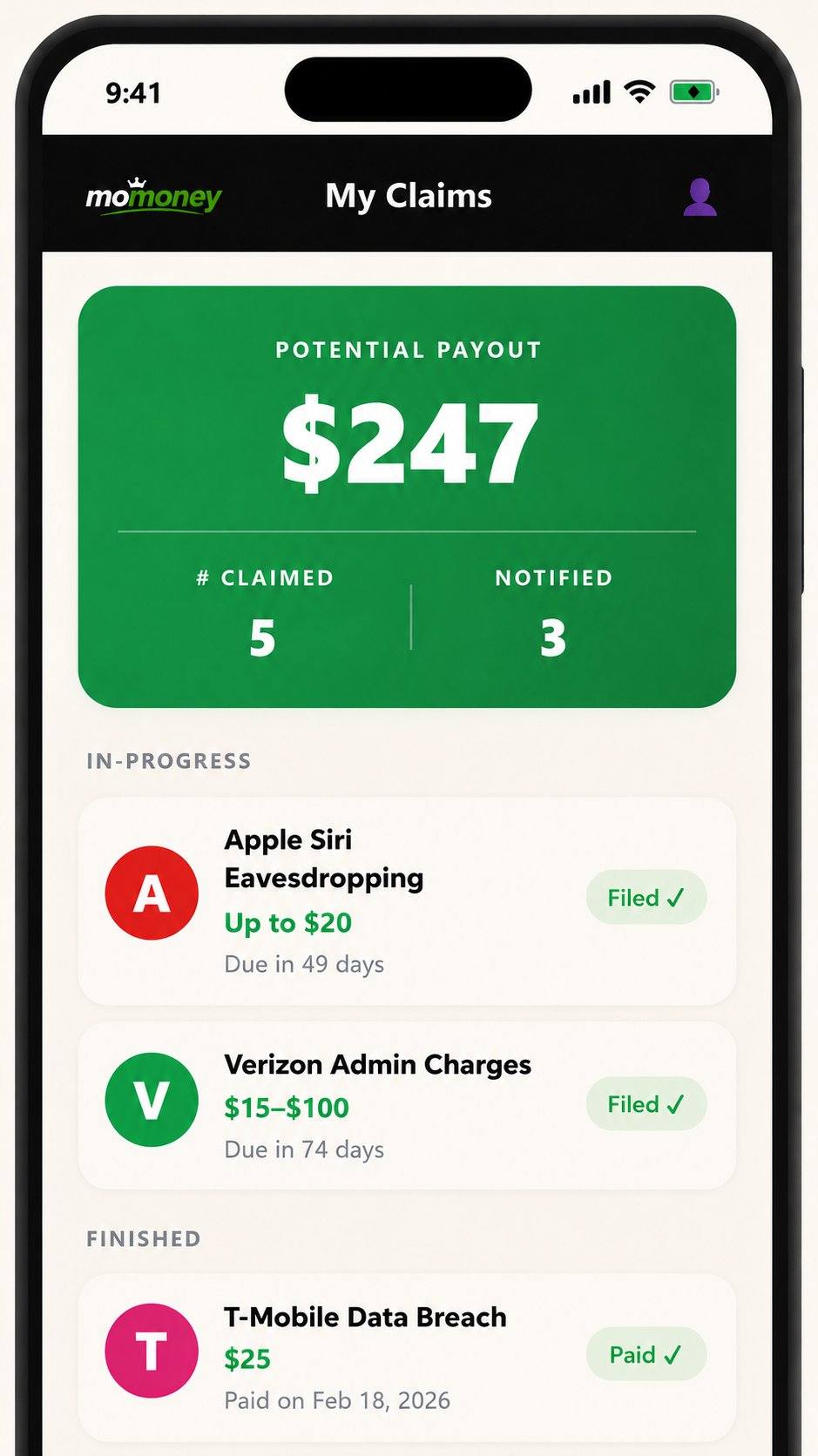 Track every claim screen